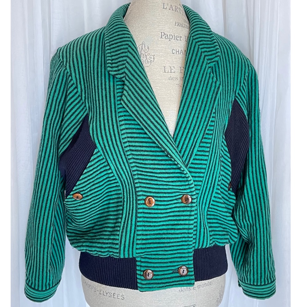 🌹SOLD🌹Vintage 80s Green/Black Striped Bomber Style Jacket w/Black Accents M